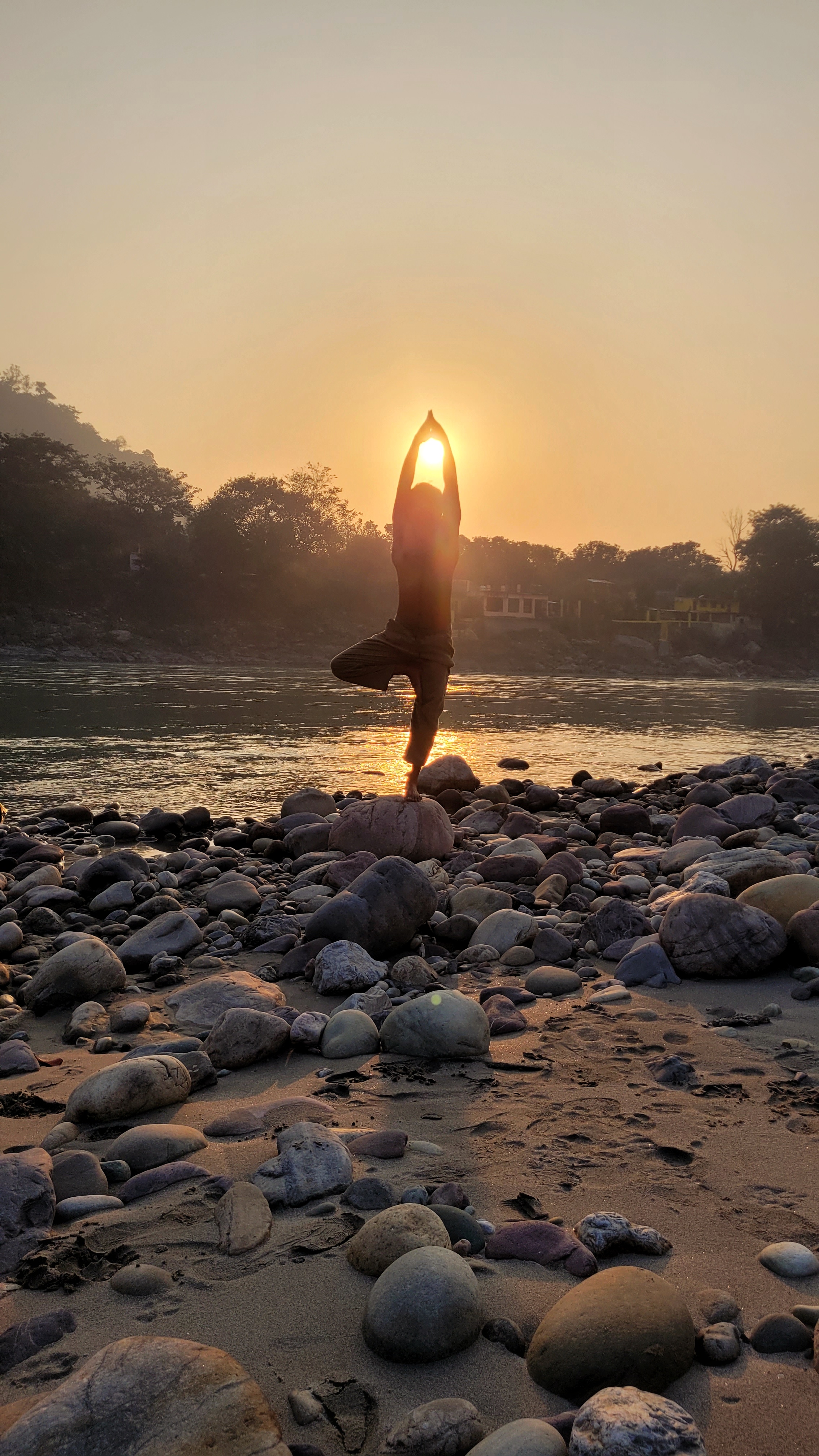 Tree pose with the sun between prayer hands on the Ganga at sunset